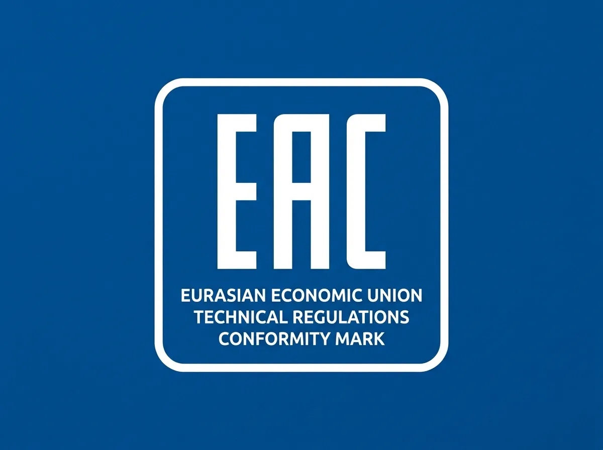 Логотип знака ЕАС Евразийского экономического союза, голубой фон с белыми буквами EAC, знак соответствия техрегламентам