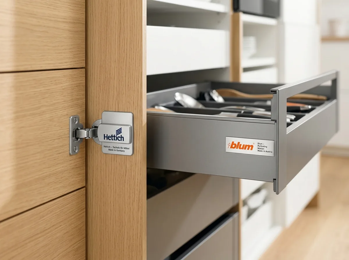 Логотипы Blum и Hettich — австрийский и немецкий производители мебельной фурнитуры, петли и направляющие для кухонных гарнитуров